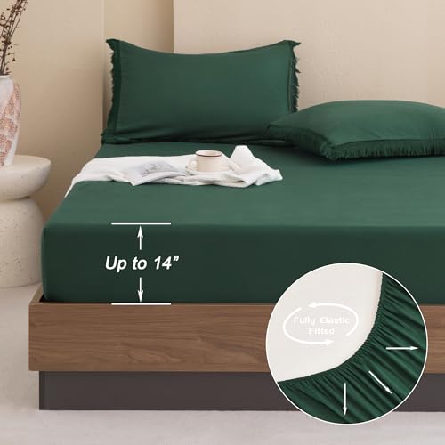 Image of Andency Full Size Comforter Set with Sheets Dark Emerald Green -7 Pieces Bed in a Bag Boho Tassel Bedding Sets, All Season Fringe Bed Set with Comforter, Sheets, Pillowcases & Shams