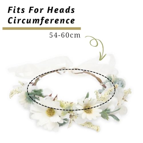 Image of Radhu & Kabby White Daisy Floral Hair Tiara for Women | Artificial Flower Crown with Ribbon Tie | Elegant Headpiece for Weddings, Photoshoots, Festivals & Celebrations | Lightweight | 1 Pc