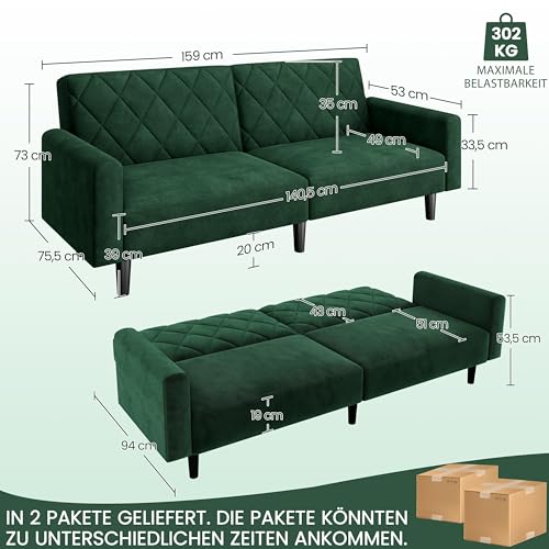 Yaheetech 2 Sitzer Sofa, 159cm Polstersofa aus Samtstoff, Kleine Sofacouch, 140,5 × 94 cm Liegefläche, Doppelsofa für Wohnzimmer/Schlafzimmer, Grün