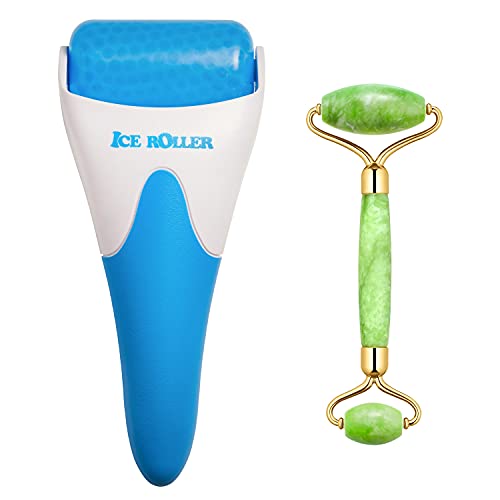 (Jade Roller + Ice Roller) Two In One Ice Roller for Face & Eye Puffiness relief and Jade Roller for Face Eyes Body Neck Facial Massage Roller