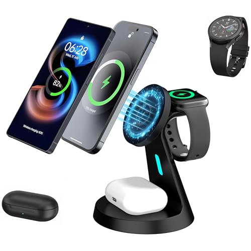 2025 New Magnetic Wireless Charger for Samsung & Apple Devices, 3 in 1 Charging Station Magnetic Charger Stand simultaneously Compatible with Samsung and Apple Series Black