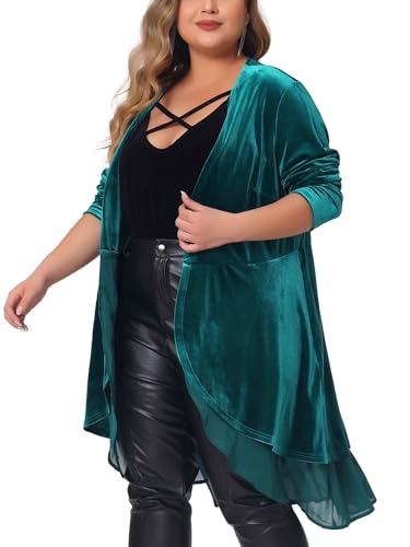 Image of Agnes Orinda Women Plus Size Ruffled Asymmetric Long Velvet Cardigan Jacket