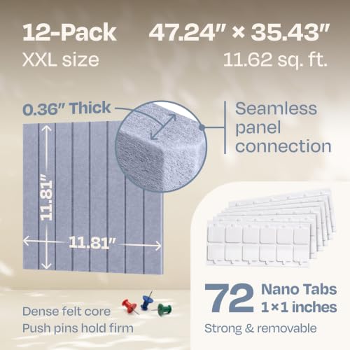 Image of X-Large Cork Board Alternative 12-Pack Felt Bulletin Board Thick and Decorative Pin Board for Home Office Walls 47.24 x 35.43 Inches with 72 Adhesive Tabs - [Dusky Gray]
