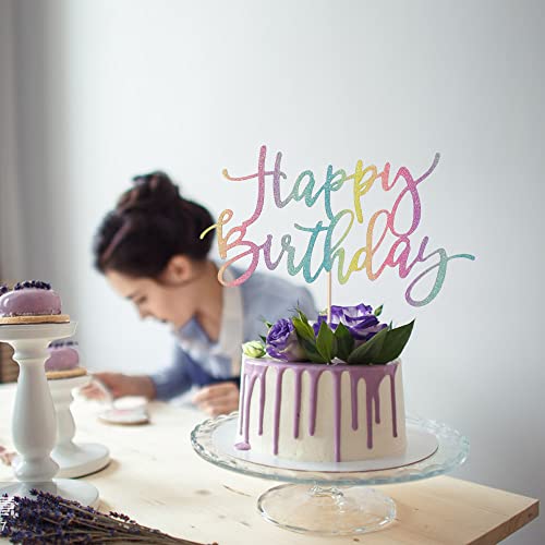 Auteby Rainbow Happy Birthday Cake Topper, Glitter Birthday Party Decoration Supplies #TOP4