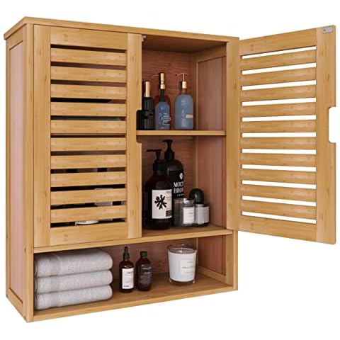 SMIBUY Bathroom Cabinet Wall Mounted, Bamboo Over-The-Toilet Storage Organizer, Space Saver Medicine Cabinet with 2 Door and Adjustable Shelves (Natural) Cover