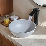Lonuebu 13 Inch Grey Vessel Sink Stone Resin Round Bathroom Basin Compact Vessel Sinks Top Mount Sink Bowls for Small Bathrooms Vanities Space Saving Design