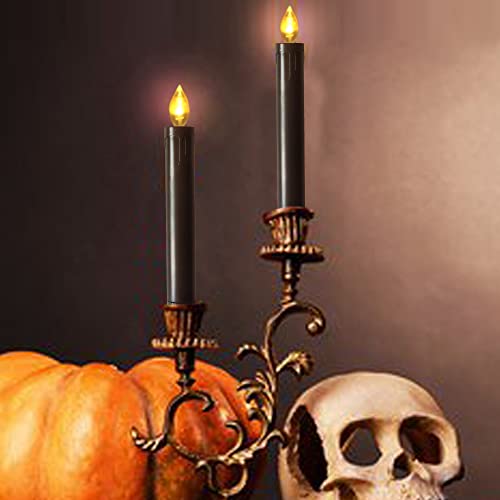 Image of CANDLE CHOICE Black Flameless Taper Candles with Timer 6 inch Tall Long Flicking Fake Battery Operated Electric LED Stick Candles Candlesticks Candelabra Halloween Party Decoration Table Centerpiece 2 PCS