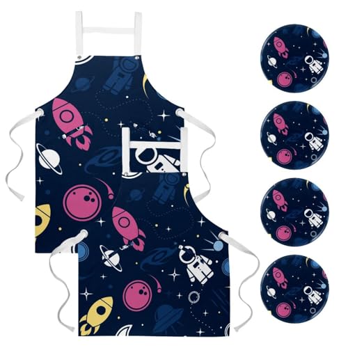 Lot de 2 tabliers de cuisine avec 4 broches à motif fusées spatiales et astronautes