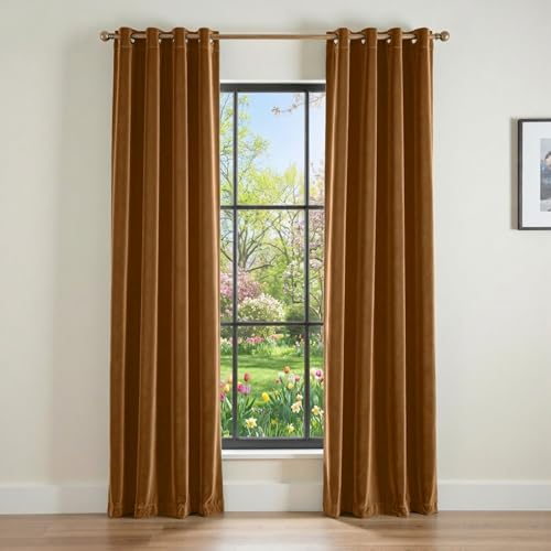 Image of Blackout Golden Brown Velvet Curtains Grommet 52x90 Inch 2 Panels | Soft Velvet, For Bedroom & Living Space, Light Shifting Texture, Elegant Luxury Drape, Rich