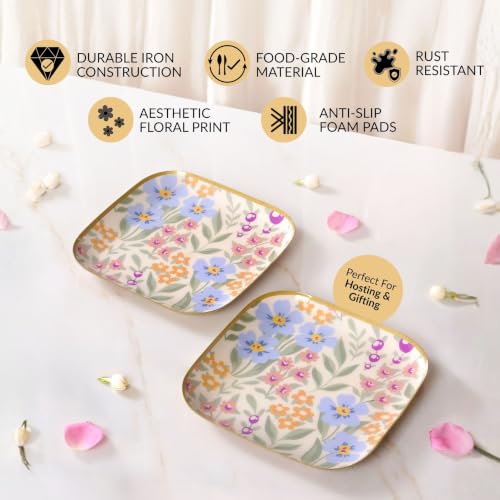 Image of Nestasia Serving Tray Set of 2 with Gift Box - Elegant Floral Print Snacks Plate with Golden Rim for Decoration & Gifting | Food Safe, Rust-Resistant & Premium Finish Platter - Perfect for Home Decor