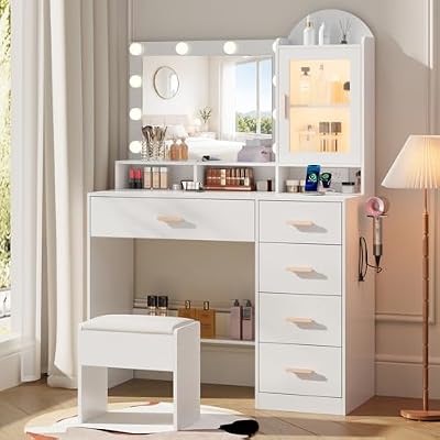 BZK Vanity Desk with LED Lights and Mirror, 35.4" Makeup Vanity Table with Charging Station. 5 Drawers, 6 Storage Shelves, Tempered Cabinet & Cushion Stool, Dressing Table for Modern Bedroom