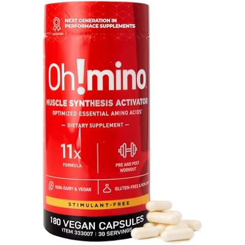 Oh!mino Amino Acids Supplement, Ultimate Muscle Synthesis Activator, Pre and Post Workout Vitamins for Body Conditioning and Muscle Recovery, 180 Vegan Muscle Builder Capsules - Oh!Nutrition Cover