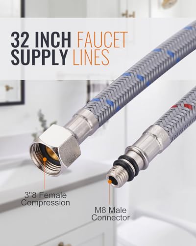 Faucet Supply Lines, WOWOW 32\" Bathroom Sink Faucet Hose, Braided Nylon cUPC Supply Lines 3/8\" Female Compression Thread × M8 Male Connector,Stainless Steel Braided Supply Line(1 Pair)
