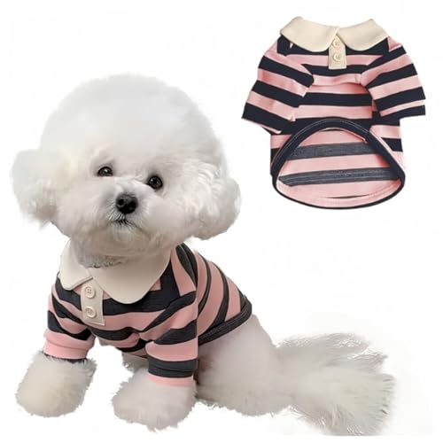 MANON ROSA Cute Dog Clothes Boy Dog Polo Shirt for Small Medium Dogs - Summer Male Puppy T Shirts for Yorkie Poodle Shih Tzu Dachshund Kittens, Striped Collared Pet Doggie Designer Outfits Pink XS
