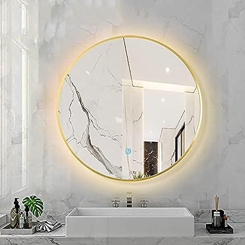 Round LED Backlit Bathroom Mirror Dimmable 3 Color Temperature Smart Mirror LED Light Wall Mounted Makeup Mirror With Aluminum Alloy Frame,Golden Frame,50X50CM,Friendly32 Round LED Backlit Bathroom Mirror Dimmable 3 Color Temperature Smart Mirror LED Light Wall Mounted Makeup Mirror With Aluminum Alloy Frame,Golden Frame,50X50CM,Friendly32