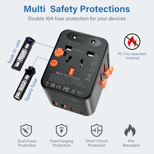 Universal Travel Adapter Worldwide with 2 USB C and 2 USB A Ports,Travel Plug UK to World with Dual 10A Fuses,20W All In One International Travel Adapter for EU USA UK AU Thailand,Japan,Asia - Image 5