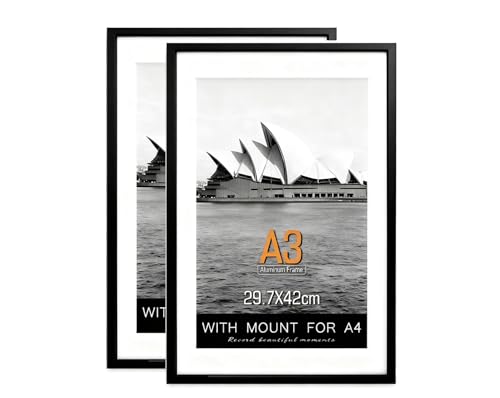 A3 Black Aluminum Picture Frame, 2 Pack - 12x16.5 Inch Photo Frame with Shatterproof Plexiglass & A4 Mat, for Wall Mounting Display