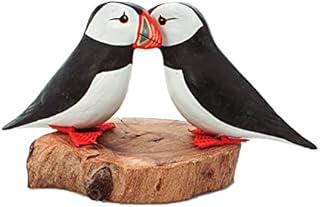 Wooden PUFFINS Ornament Seabirds Hand Carved Fairtrade Fishing Bird Gift Figurine Coastal Style Decor Nautical Bird Sculpture Woodcarving Home Table Decoration- Seaside/Beach Hut/Nautical Decor