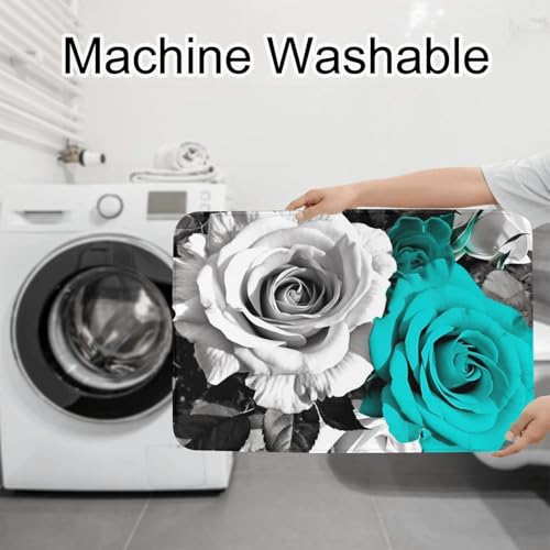 3 Piece Bathroom Rugs Sets Super Absorbent Bathroom Mats Set Non-Slip Bath Rug Washable Contour Mat and Toilet Lid Cover Black White Teal Gray Rose Flowers Bath Mat Carpet for Bathroom Shower Rug