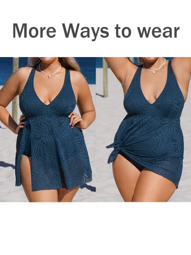 Cupshe Women Plus Size Bathing Suit One Piece Swimsuits Cross Back Mesh Hollow Out Split Swim Dress, 1X Navy #TOP1