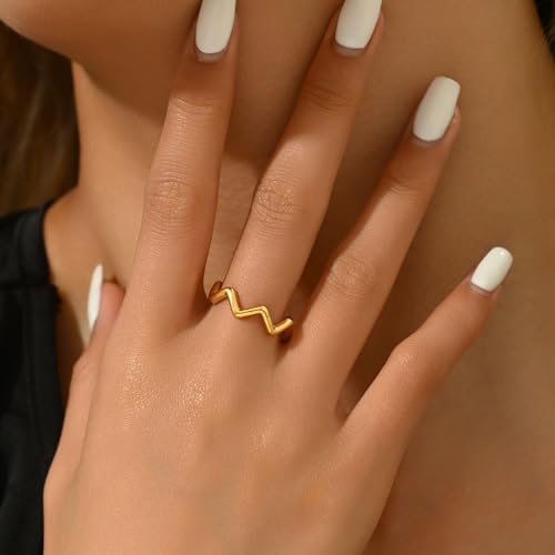 Stackable Gold Rings for Women Dainty Open Cubic Zirconia Wave Cuban Rings Trendy Adjustable Wedding Eternity Bands Non Tarnish3