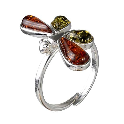 HolidayGiftShops Anillo de libélula Ajustable de Plata esterlina y Verde báltico y ámbar de Miel