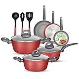 NUTRICHEF Bateria de Cocina Antiadherente de 12 Piezas Juego de Sartenes y Ollas Rojo. Duradero, Diseño Elegante...