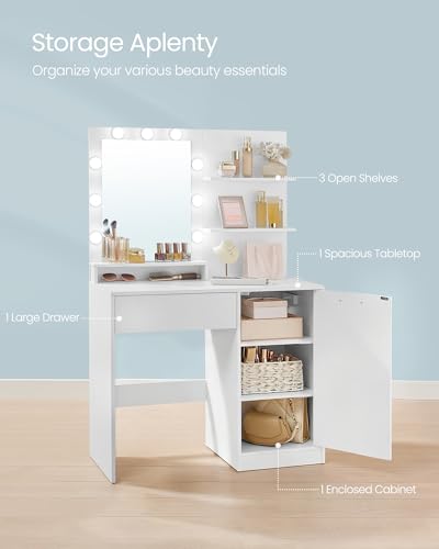 Image of VASAGLE KAILYN Collection - Vanity Desk with Mirror and Lights, 35.4-Inch Wide Makeup Vanity with Stool, Power Outlets, LED Lights, Storage Drawer, for Bedroom, Modern, Cloud White URDT128WB01S