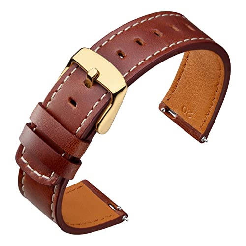 Image of ANNEFIT 19mm Watch Band with Gold Buckle, Quick Release Genuine Leather Replacement Strap (Red Brown)