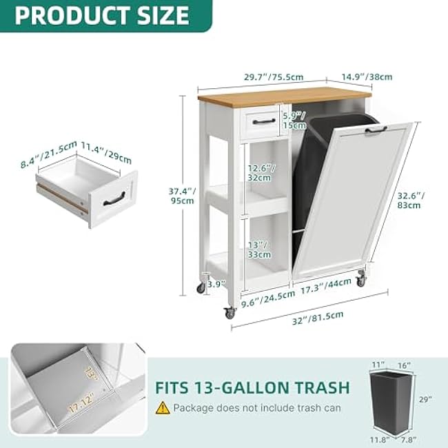YITAHOME Kitchen Island Tilt-Out Trash Cabinet - Rolling Cart with Storage Shelves/Drawers, Fits 13 Gallon Bin, Oak & White-wyqd9zXK