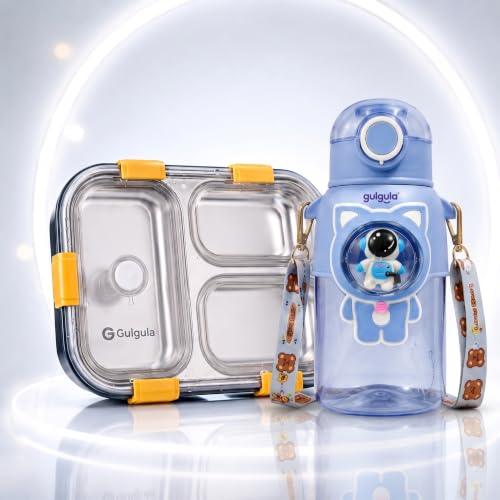 Image of Kids Stainless Steel Lunch Box and Water Bottle Set for School, 3 Compartment Bento Lunch Box with Leak Resistant Lid, Robot Theme Sipper Bottle with Adjustable Carry Strap, Blue
