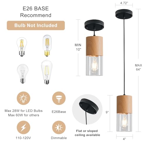 Image of 2-Pack Modern Pendant Lights for Kitchen Island, Adjustable Pendant Light Fixtures with Raw Wood Grain, Industrial Clear Glass Pendant Lights for Dining Table Hallway Bedroom Living Room