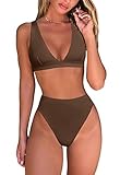 fatty tiger Thong Bikini Sets for Woman Two Piece Swimsuits High Waisted Adjustable Straps Criss Cross Back V Neck Brown L
