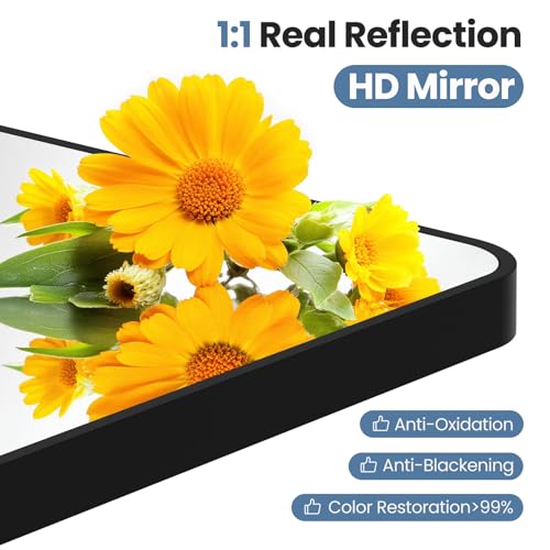 Image of NEWBULIG 20X28 Inch Bathroom Mirror, Rectangle Wall Mirror with Rounded Corners, Black Vanity Mirrors for Bathroom Sink with Metal Frame for Bedroom, Entryway, Hangs Horizontally or Vertically
