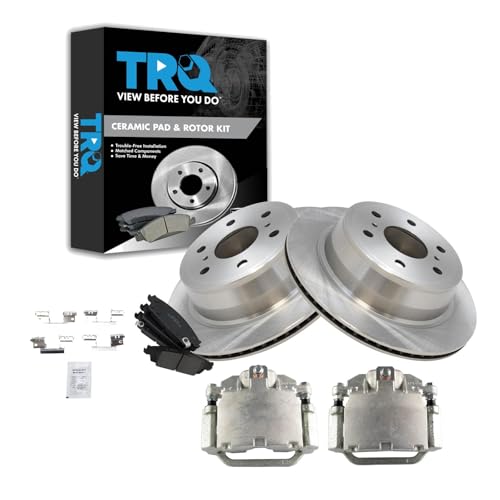 Image of TRQ Rear Brake Pad and Rotor Set Ceramic Rotors Calipers | For 2014-2019 Chevrolet Silverado 1500 GMC Sierra 2015-2020 Tahoe 2015-2019 Suburban Yukon XL 2015-2020 Cadillac Escalade