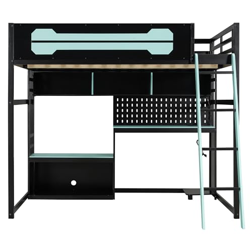 Image of Harper & Bright Designs Full Size Wood Gaming Loft Bed with Desk and Storage Shelves, Modern Low Loft Bed Frame with LED Lights, USB Ports and Pegboard for Kids Teens Adults, Black+Blue