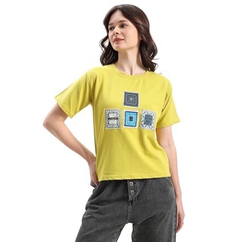 Image of Women Printed T Shirt Cotton Blend Yellow | Graphic Printed T Shirt for Women | Casual Wear Regular Fit Round Neck Half Sleeve Top for Girls