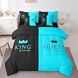 Feelyou Blue and Black Queen King Bed SetKing, Couple Lover 7 Piece Bedding Set Mr and Mrs Bed in a Bag Crown His and Hers Bed in a Bag with Comforter, Sheets, Pillowcases & Cushion Cover
