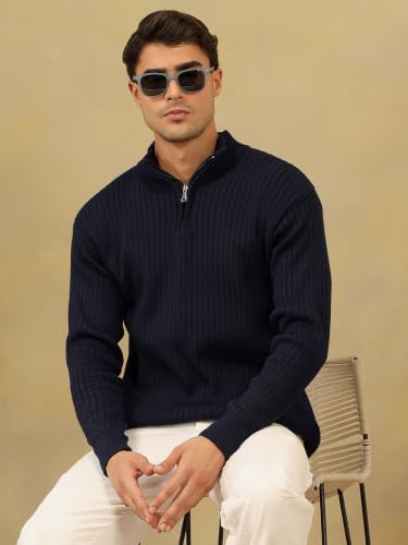 Image of Kvetoo Men High Neck Zipper Full Sleeve Woolen Winter Sweater