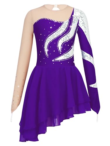 MSemis Vestido de Patinaje Artistico Hielo para Niña Leotardos de Danza Maillot Competición de Gimnasia Rítmica con Pedrería Disfraz de Bailarina 5-16 Años Morado 9-10 años