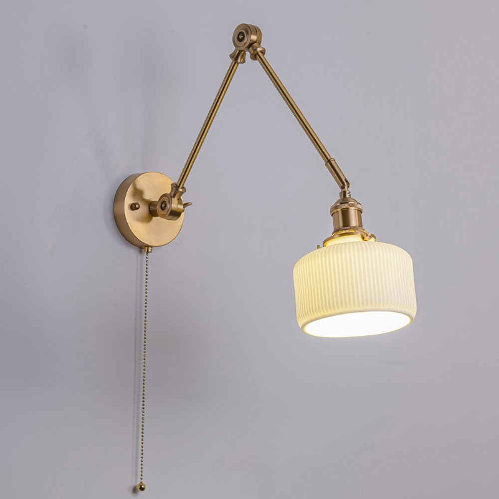 NHPJFDC Adjustable Swing Arm Wall Sconce Retro Brass Light Fixture Post Ceramics Lampshade Sconces with Pull Switch Lamp Vintage Bed T-155