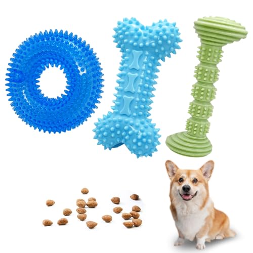 ENZZROA 3-Pack Puppy Chew Toys for Teething Relief – Soft & Durable Rubber Toys for Small & Medium Puppies, Includes Squeaky Donut, Bone & Food-Dispensing Toys for Teeth Cleaning & Oral Health