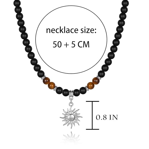 Image of GINAZL Mens Necklace Natural Healing Black Obsidian Tigers Eye Beaded Sun Necklace Anniversary Birthday Gifts for Men Boyfriend