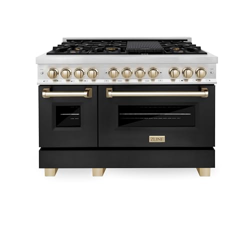 ZLINE Autograph Edition 48 in. 6.0 cu. ft. Legacy Dual Fuel Range with 7 Burner Gas Cooktop and 2 Electric Ovens in Stainless Steel with Black Matte Doors and Polished Gold Accents (RAZ-BLM-48-G)