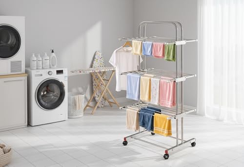 Image of Xmart India 304 Stainless Steel Foldable Clothes Drying Stand | 3 Layer Laundry Drying Rack with Wheels | Heavy Duty Cloth Dryer Stand for Balcony, Indoor & Outdoor (3 Layer Steel Cloth Drying Stand)