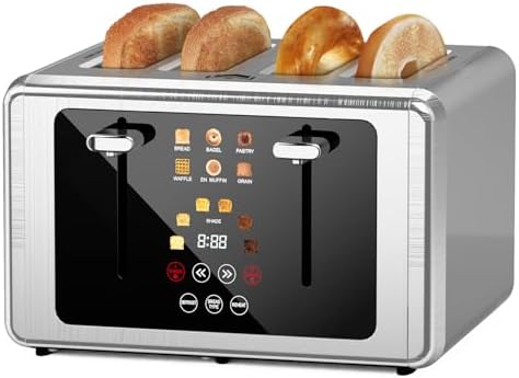 4 Slice Toaster, Touchscreen & Dual Independent Control Panel,5 Basic Functions & Digital Countdown Toasters, 6 Shade Settings&6 Bread Types, Smart Bread Maker Mute/Screen-Off,Brushed steel