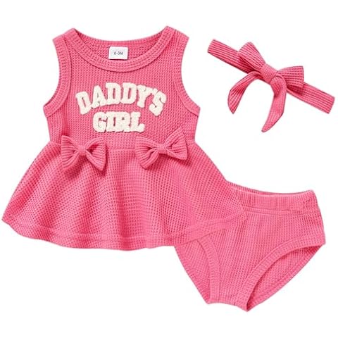 Viworld Baby Girl Ootfits 3-6 Months Knitted Dressy Tops Sleeveless Set Letter Printed Daddy's Girl Baby Clothes Baby Girl Photoshoot Outfits(Rose Red) Cover