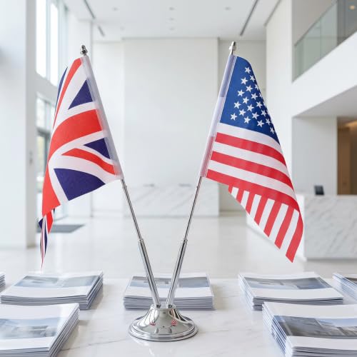 PATKAW Mały Flag Stołowych Usa i Wielkiej Brytanii z Metalową Podstawą Dwustronny Druk Poliester Trwały Stojak Biurko Do Dekoracji Konferencyjnych i Spotkań Biznesowych