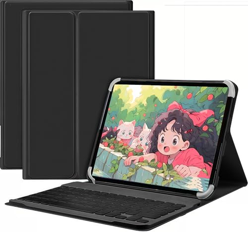 For HiGrace A7BK �P�[�X �J�o�[ HiGrace A7BK �L�[�{�[�h�yPokaas�z�^�u���b�g�P�[�X Type-C�[�d�Ή� Bluetooth�L�[�{�[�h �ϏՌ� PU���U�[ ����PU���U�[ �X�^���h�@�\ �y���^ �y�� �ω��� (�u���b�N)