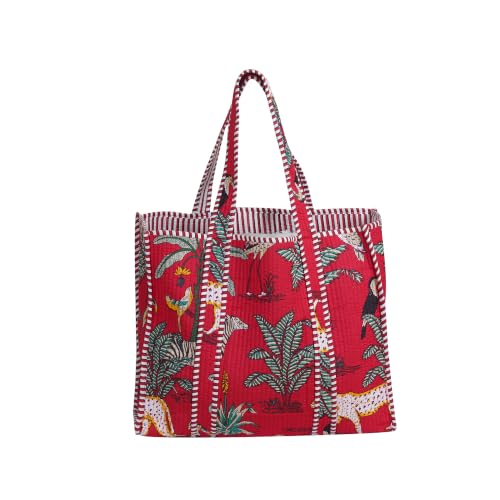 Image of Cotton Tiger Block Print Tote Bag, Indian Handmade Shopping Shoulder Bag, Unisex Market Daily Use